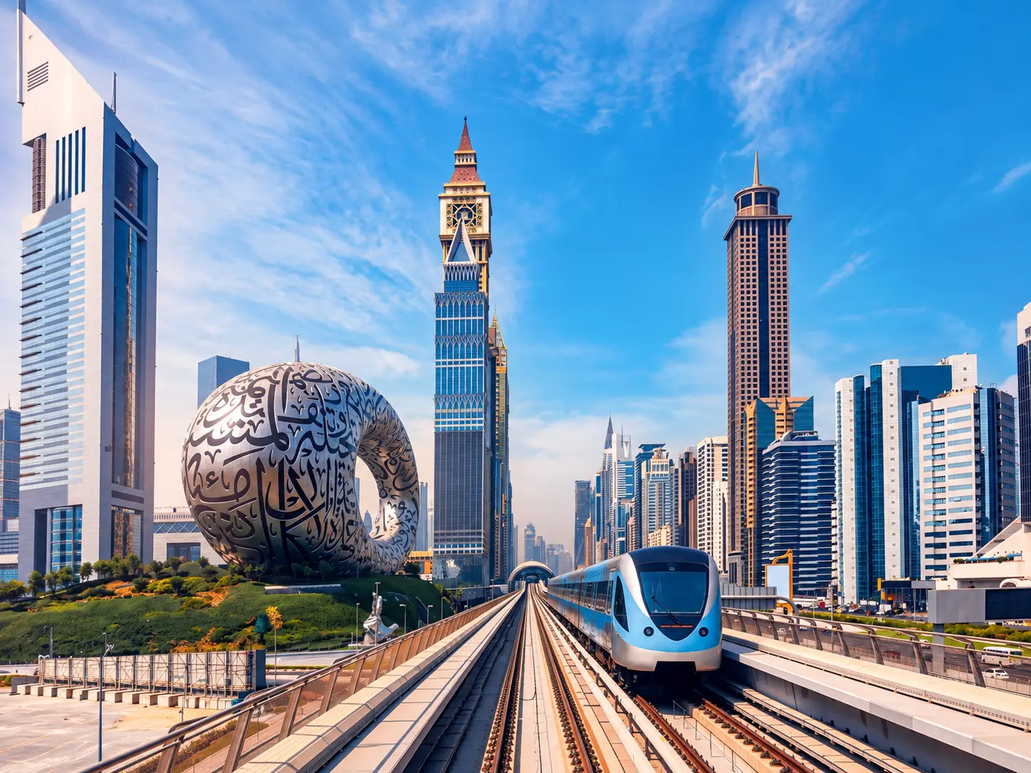 Dubai skyline with Burj Khalifa at dusk, United Arab Emirates